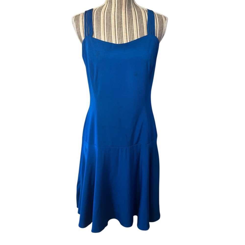 Tahari Dress Size 10 Royal Blue Cocktail Straps Gold Metal Accent Sleeveless